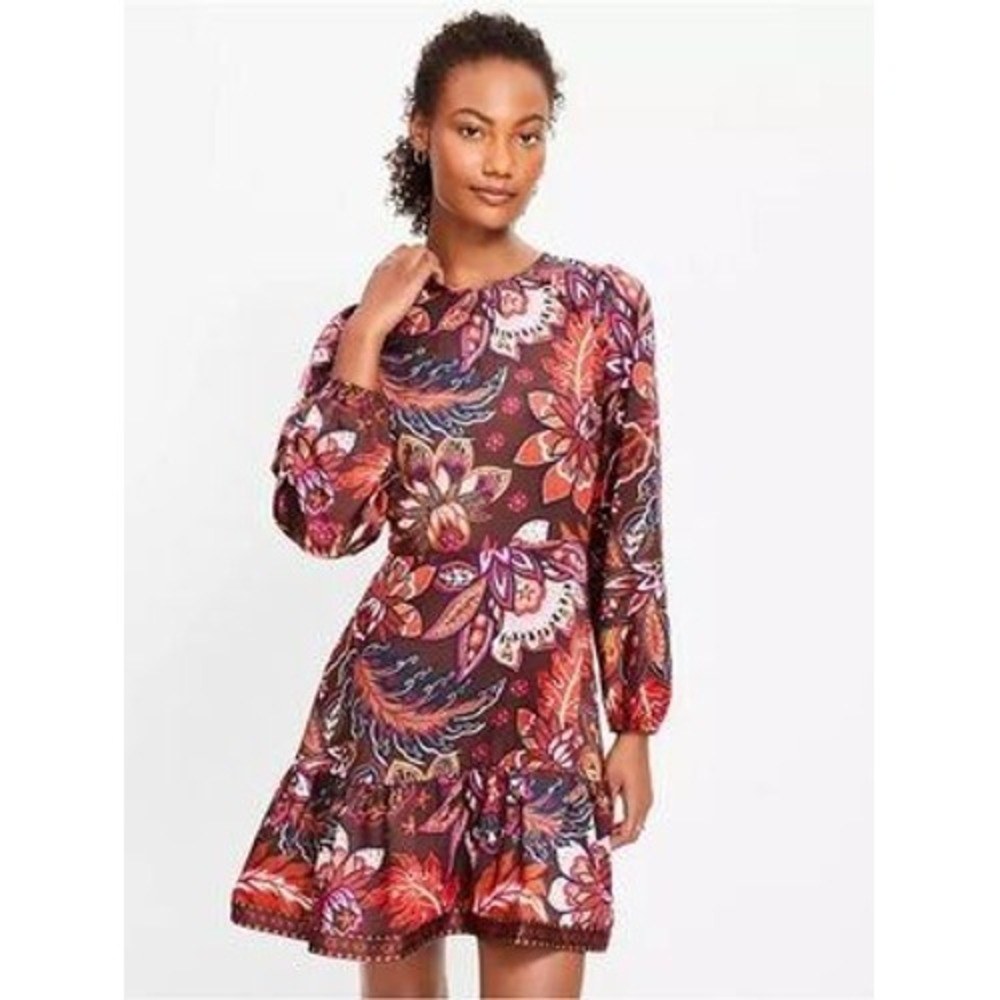 LOFT Brown Red Paisley Floral Ruffle Hem Long Sleeve Mini Dress Size 4